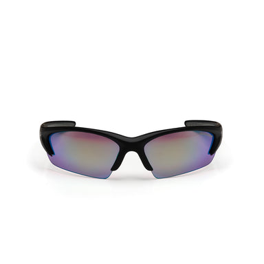 The Sunwise Equinox Black golf sunglasses by Sunwise feature a lightweight frame and mirrored, slightly tinted lenses, displayed facing forward on a white background.