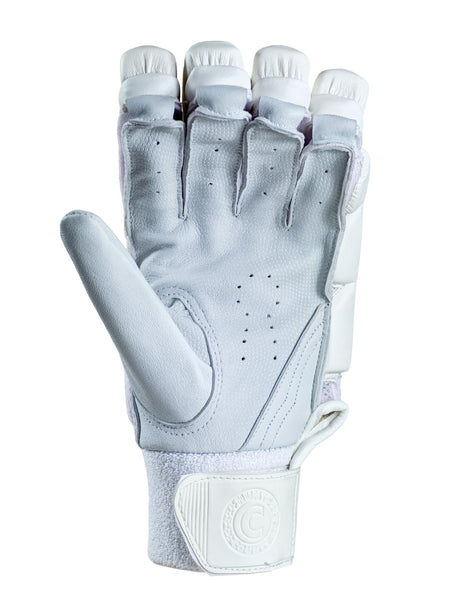 The Hunts County Evolution Batting Gloves by Hunts County feature white padding, exposed fingertips, ventilation holes, an adjustable wrist strap, and a Pittards leather palm for Test-level protection, shown palm up on a white background.