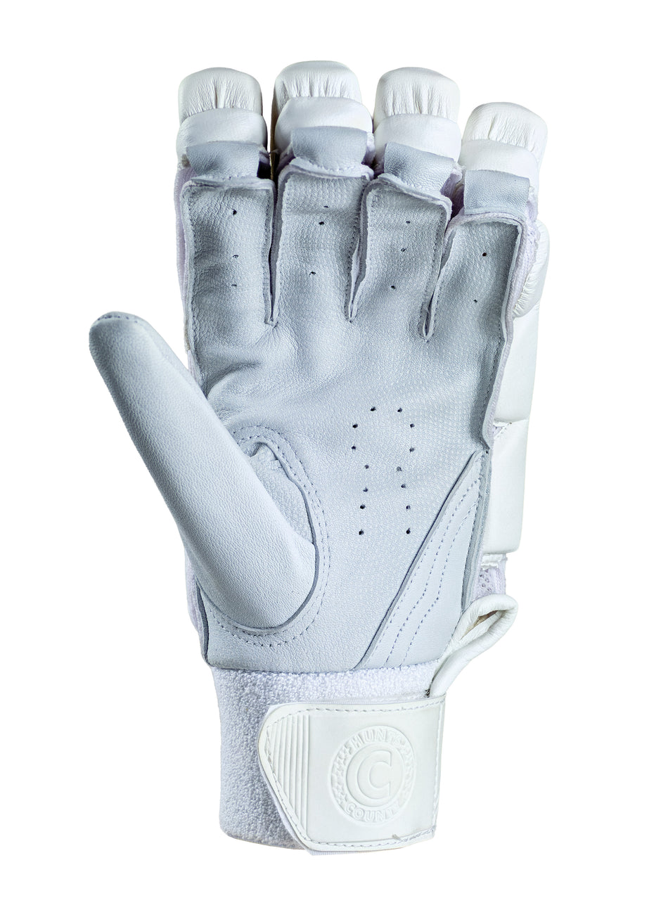 The Hunts County Evolution Batting Gloves by Hunts County feature white padding, exposed fingertips, ventilation holes, an adjustable wrist strap, and a Pittards leather palm for Test-level protection, shown palm up on a white background.