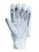 The Hunts County Evolution Batting Gloves by Hunts County feature white padding, exposed fingertips, ventilation holes, an adjustable wrist strap, and a Pittards leather palm for Test-level protection, shown palm up on a white background.