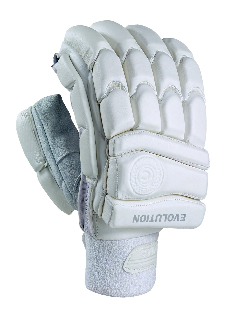 The Hunts County Evolution Batting Gloves feature a padded white design with gray accents, a pittards leather palm for superior grip, “EVOLUTION” on the back, and are crafted by Hunts County for Test level cricket protection.