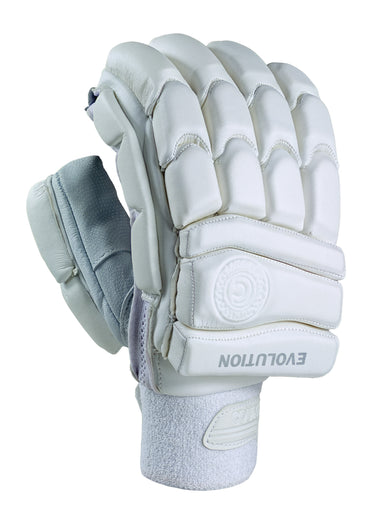 The Hunts County Evolution Batting Gloves feature a padded white design with gray accents, a pittards leather palm for superior grip, “EVOLUTION” on the back, and are crafted by Hunts County for Test level cricket protection.