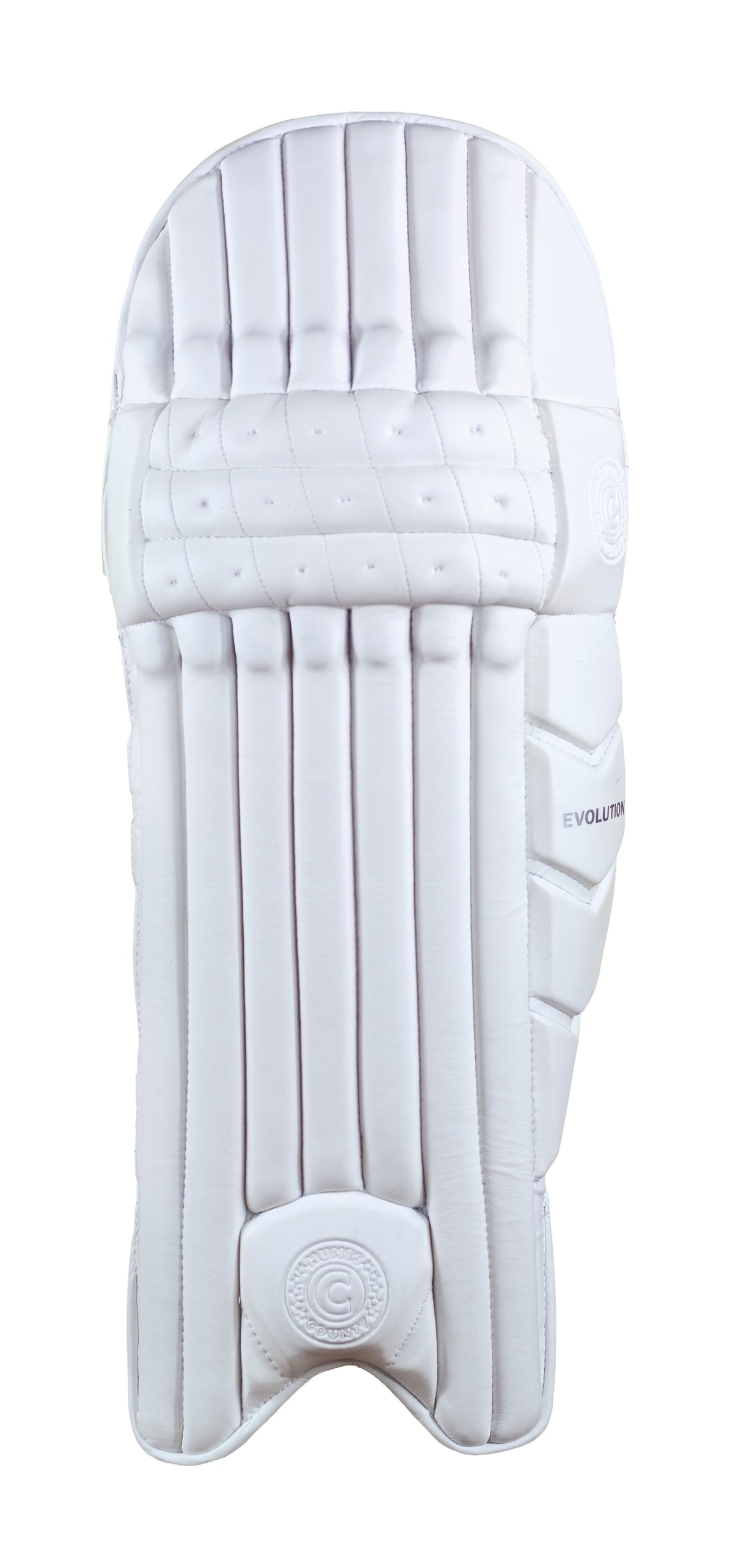 The Hunts County Evolution Batting Pads by Hunts County feature reinforced vertical padding, stitched sections, and a rounded knee area, with high-density foam and lightweight PU for comfort and safety.