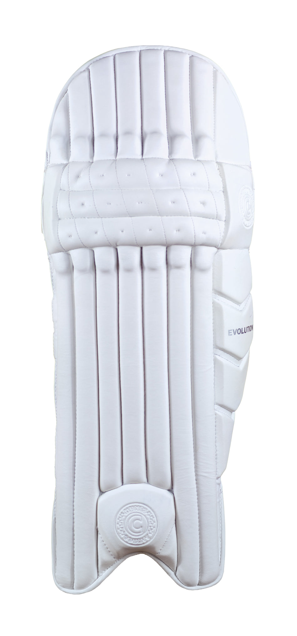 The Hunts County Evolution Batting Pads by Hunts County feature reinforced vertical padding, stitched sections, and a rounded knee area, with high-density foam and lightweight PU for comfort and safety.