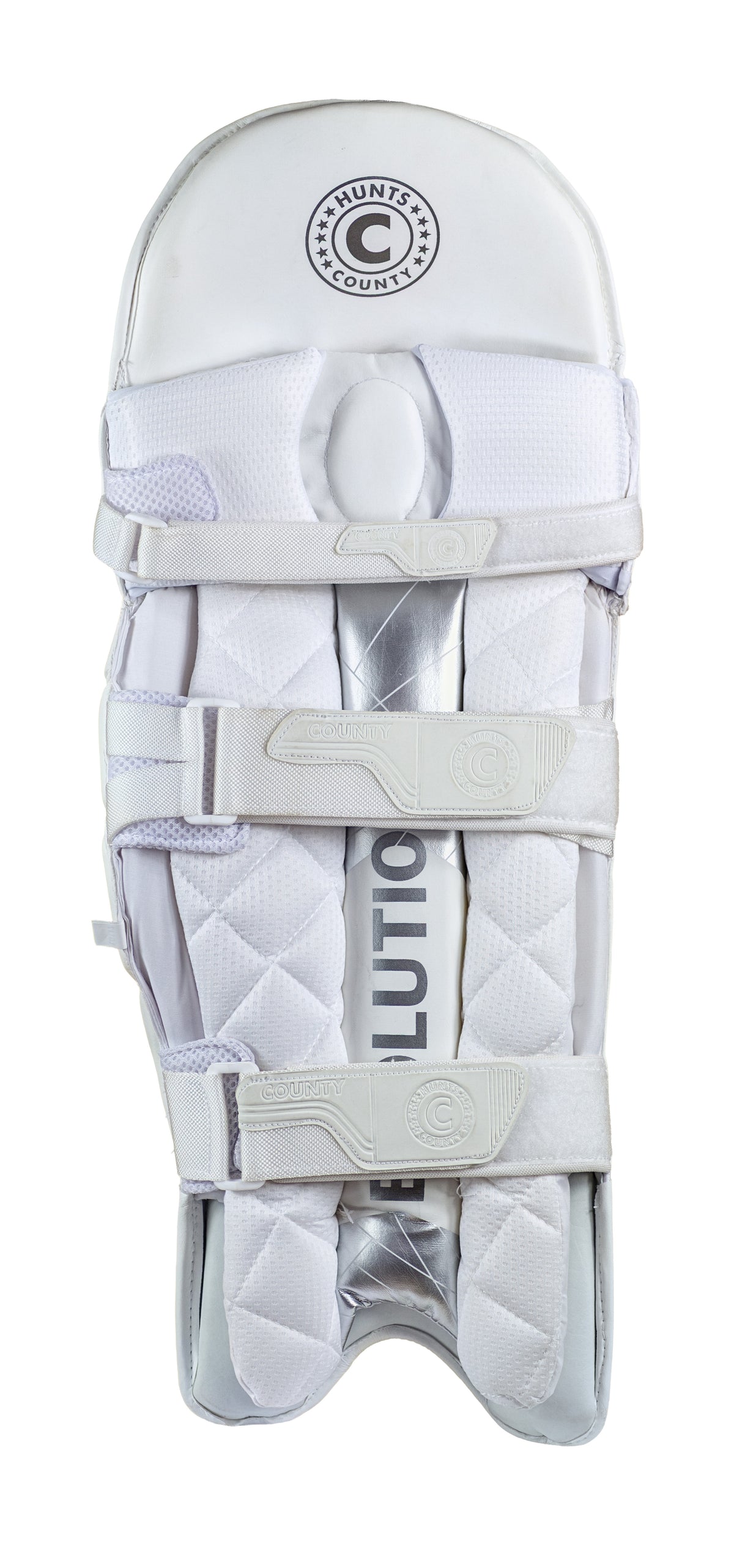 The Hunts County Evolution Batting Pads are white with quilted padding, lightweight PU cover, three adjustable straps, and high-density foam. The Hunts County logo is at the top; "Evolution" appears partially on the shin area.