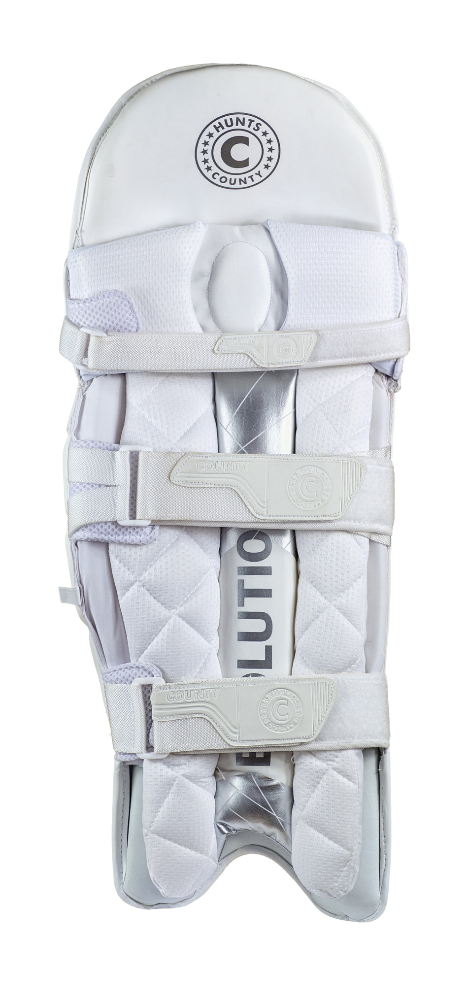 The Hunts County Evolution Batting Pads are white with quilted padding, lightweight PU cover, three adjustable straps, and high-density foam. The Hunts County logo is at the top; "Evolution" appears partially on the shin area.