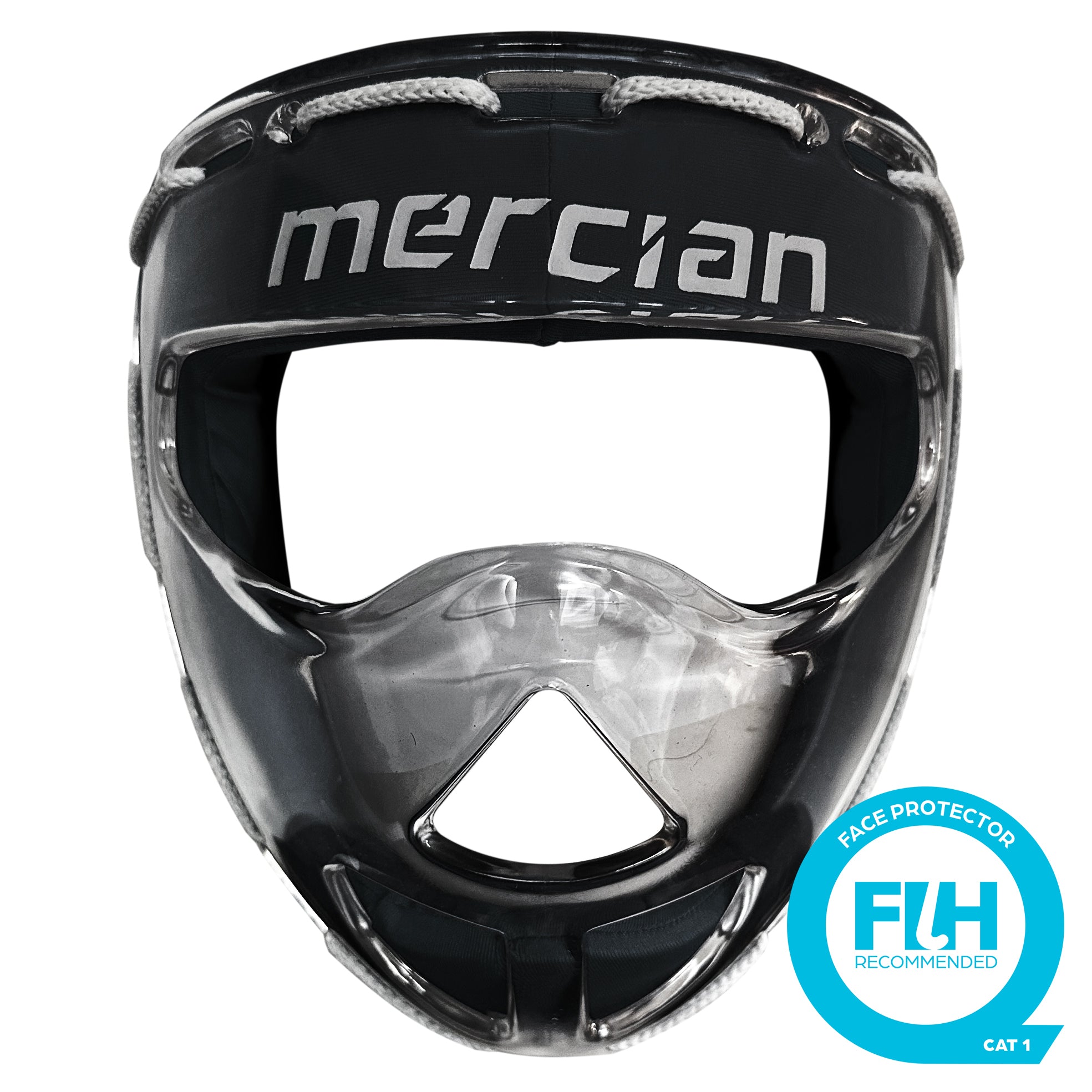 The black and clear Mercian Evolution Face Mask, available as a set of four, is designed for superior hockey face protection and features the FIH Recommended badge in the bottom right corner.