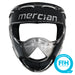 The Mercian Evolution Face Mask features a clear protective plastic shell with ventilation holes, ideal for penalty corner defence. It includes a blue circular FIH Face Protector Recommended Cat 1 badge in the bottom right corner.