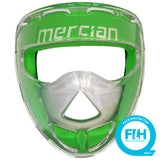 The Mercian Evolution Face Mask is a green and clear plastic shell designed for penalty corner defence, featuring "mercian" on the forehead. A blue badge displays "FIH RECOMMENDED FACE PROTECTOR CAT 1.