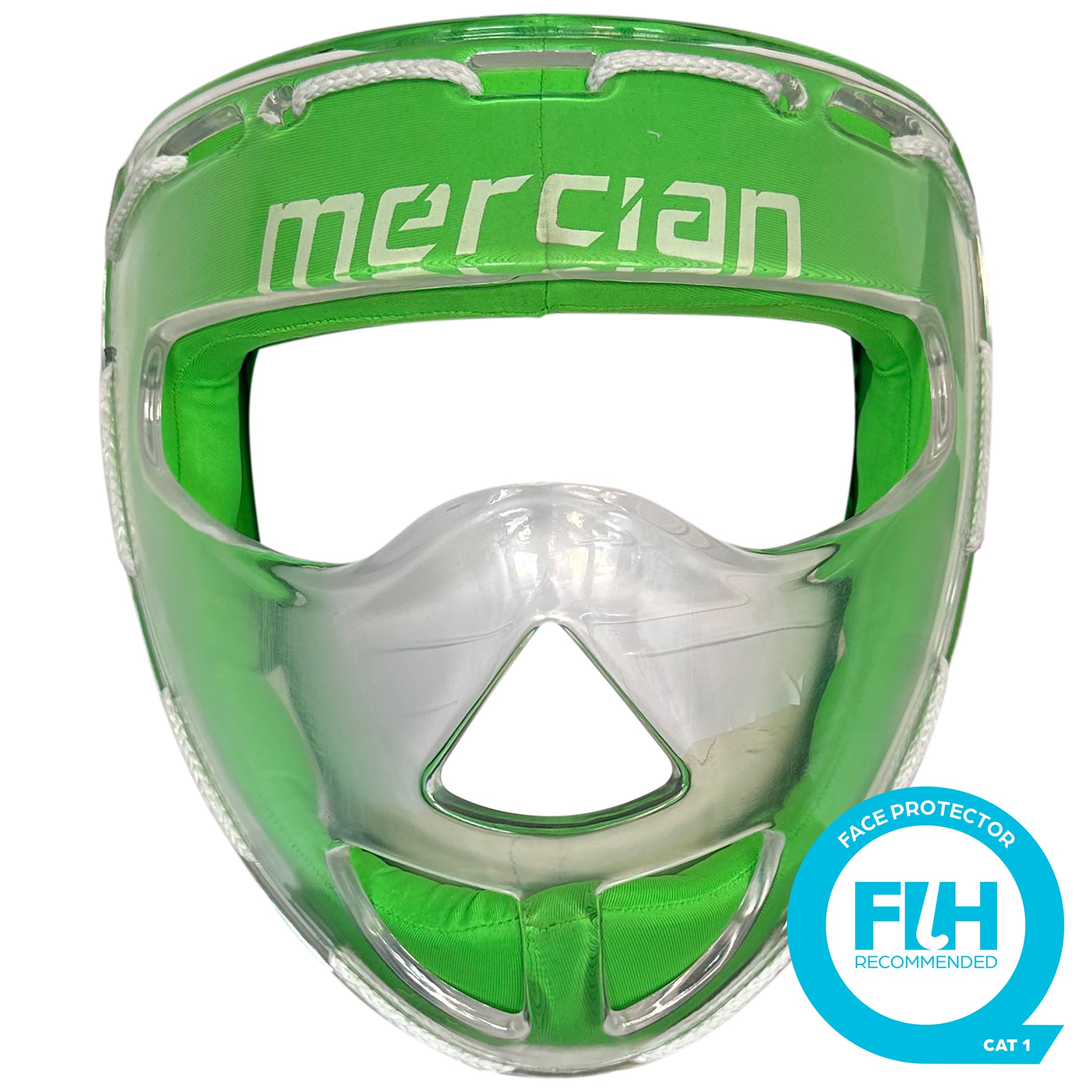 The Mercian Evolution Face Mask is a green and clear plastic shell designed for penalty corner defence, featuring "mercian" on the forehead. A blue badge displays "FIH RECOMMENDED FACE PROTECTOR CAT 1.