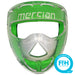 The Mercian Evolution Face Mask is a green and clear plastic shell designed for penalty corner defence, featuring "mercian" on the forehead. A blue badge displays "FIH RECOMMENDED FACE PROTECTOR CAT 1.