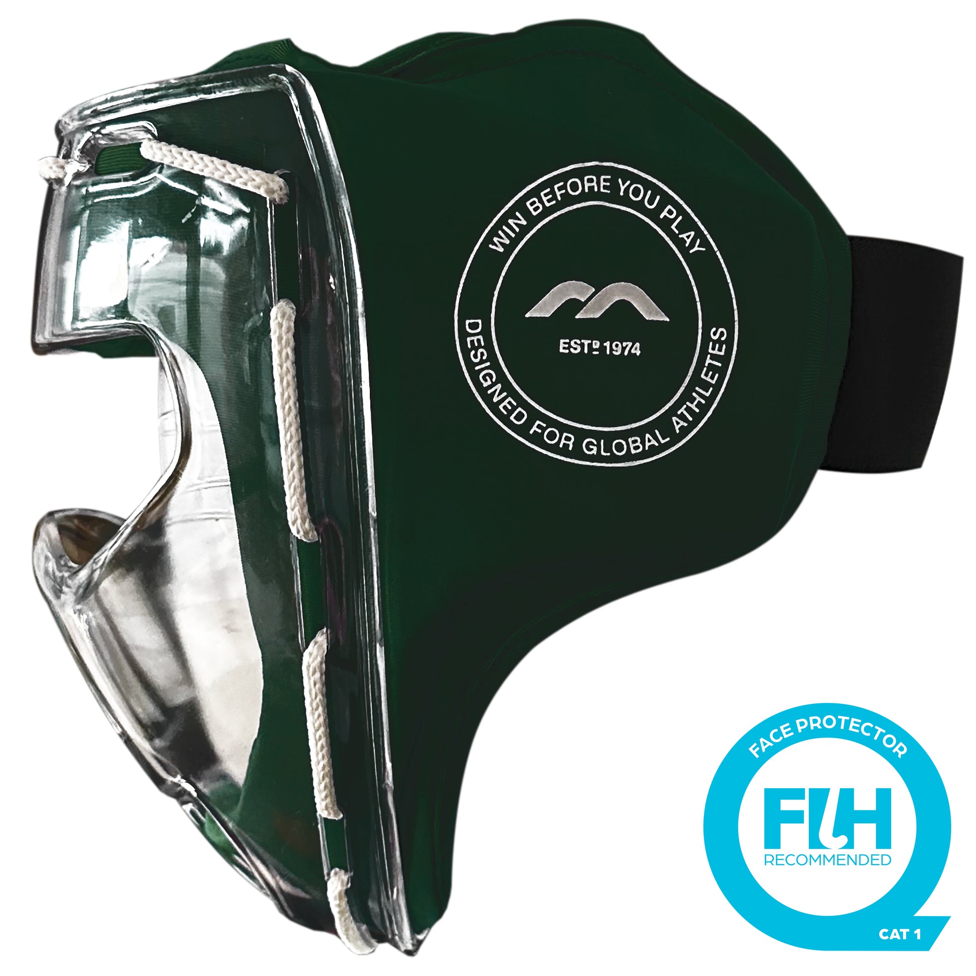 The Mercian Evolution Face Mask is a green hockey face mask with a transparent plastic shell, white stitching, circular "WIN BEFORE YOU PLAY" logo, and FIH recommended badge for penalty corner defence. Designed for global athletes.