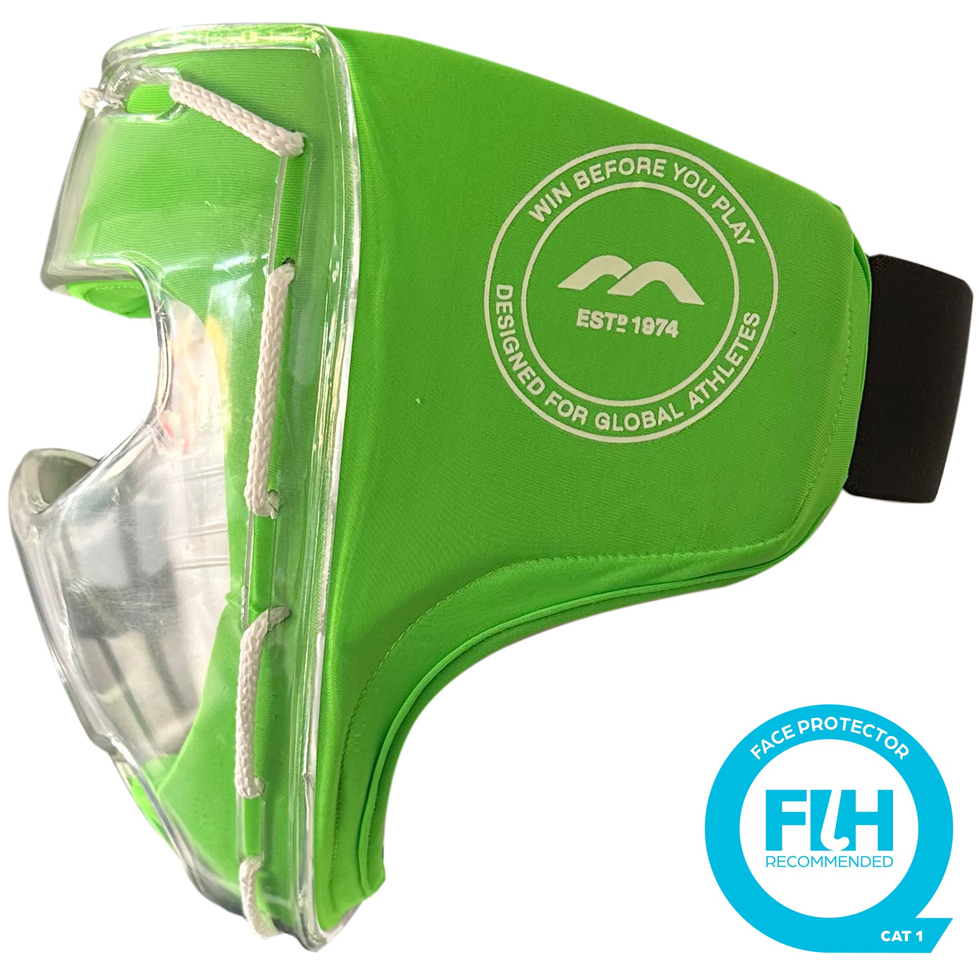 The Mercian Evolution Face Mask is a green hockey mask with a protective plastic shell, clear visor, black adjustable strap, and white "WIN BEFORE YOU PLAY" logo. FIH-recommended, it's ideal for penalty corner defence since 1974.