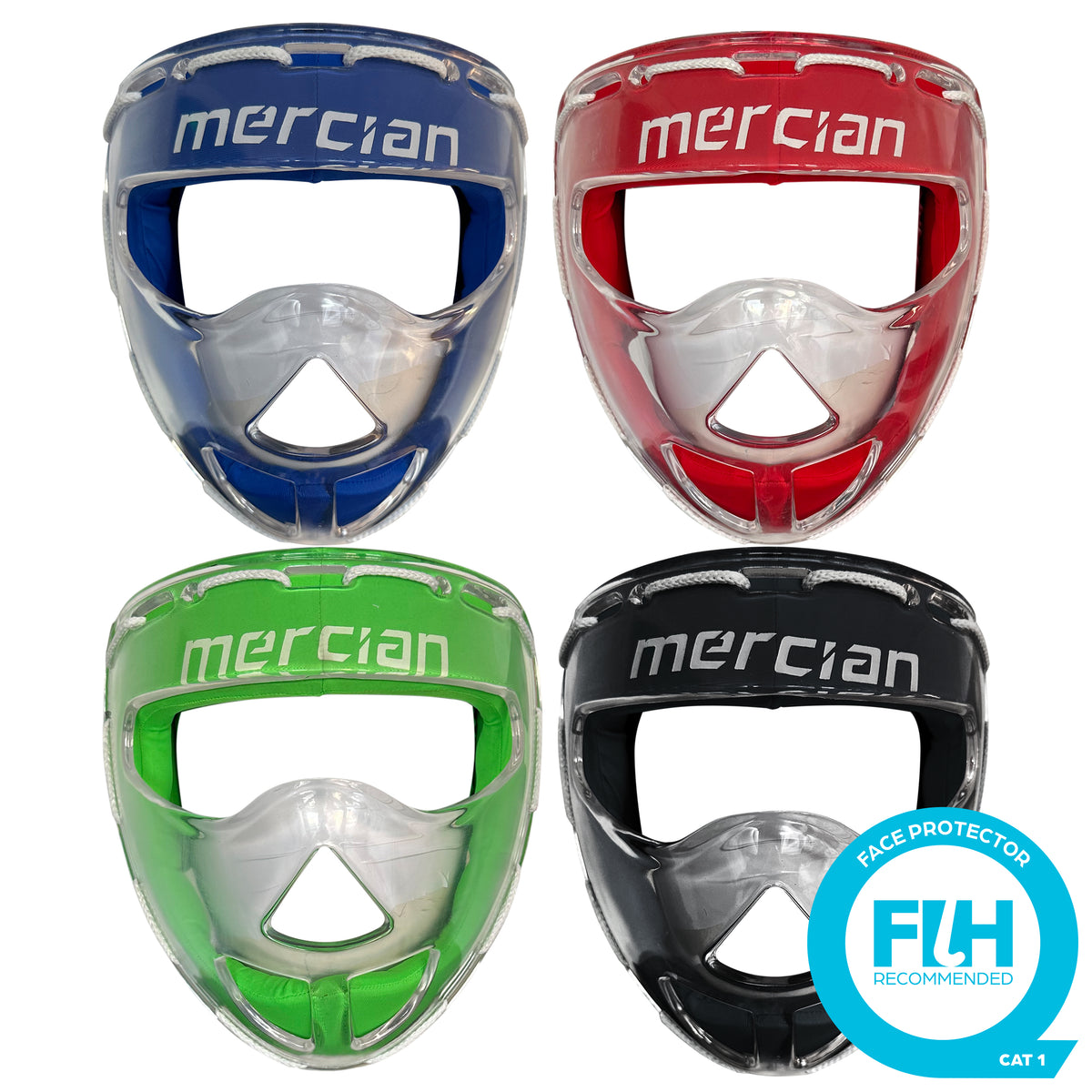 Displayed are the Mercian Evolution Face Masks in a set of four colors—blue, red, green, and black. Each mask is labeled with the Mercian brand and is designed to provide top-level hockey face protection, ideal for penalty corner situations. A blue badge at the bottom right reads FACE PROTECTOR FIH RECOMMENDED CAT 1.