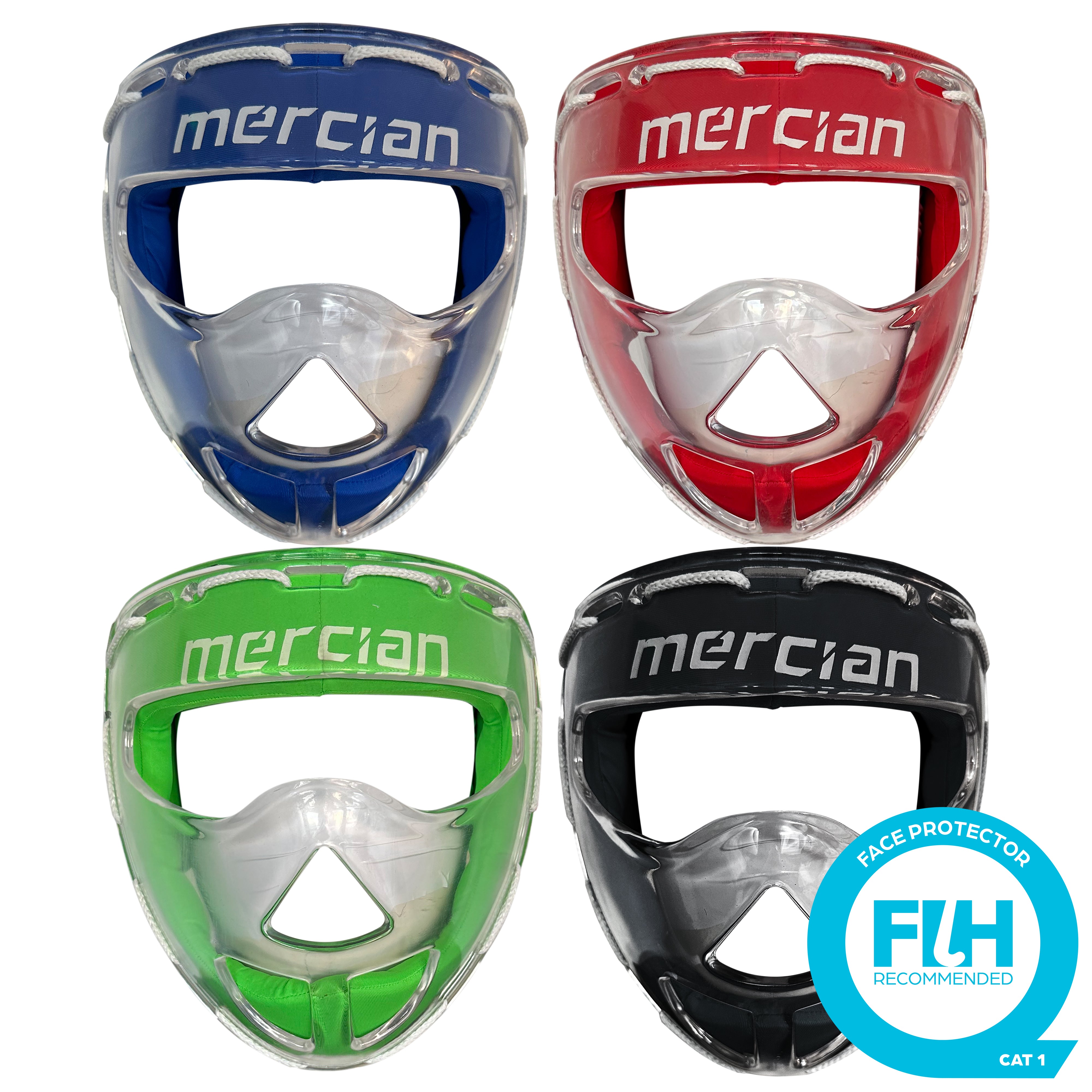 Displayed are the Mercian Evolution Face Masks in a set of four colors—blue, red, green, and black. Each mask is labeled with the Mercian brand and is designed to provide top-level hockey face protection, ideal for penalty corner situations. A blue badge at the bottom right reads FACE PROTECTOR FIH RECOMMENDED CAT 1.