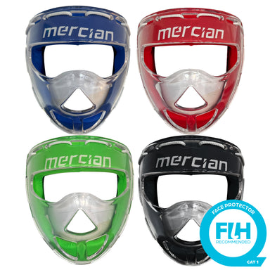 Four Mercian Evolution Face Masks, each with a protective plastic shell, are shown in blue, red, green, and black. A blue badge at the bottom right reads: FIH Recommended, Cat 1—ideal for penalty corner defence.