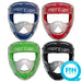 Four Mercian Evolution Face Masks, each with a protective plastic shell, are shown in blue, red, green, and black. A blue badge at the bottom right reads: FIH Recommended, Cat 1—ideal for penalty corner defence.