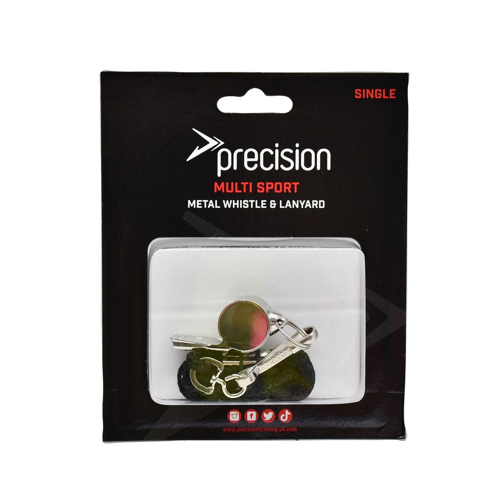 The Precision Training Metal Whistle & Lanyard (Single) comes in black and red packaging labeled "SINGLE" at the top right, with both whistle and lanyard visible through a clear plastic window.