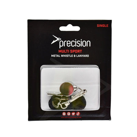 The Precision Training Metal Whistle & Lanyard (Single) comes in black and red packaging labeled "SINGLE" at the top right, with both whistle and lanyard visible through a clear plastic window.