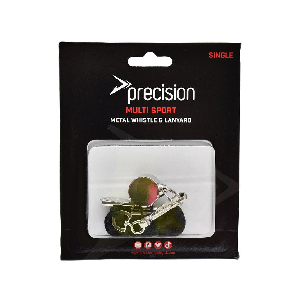 The Precision Training Metal Whistle & Lanyard (Single) comes in black and red packaging labeled "SINGLE" at the top right, with both whistle and lanyard visible through a clear plastic window.