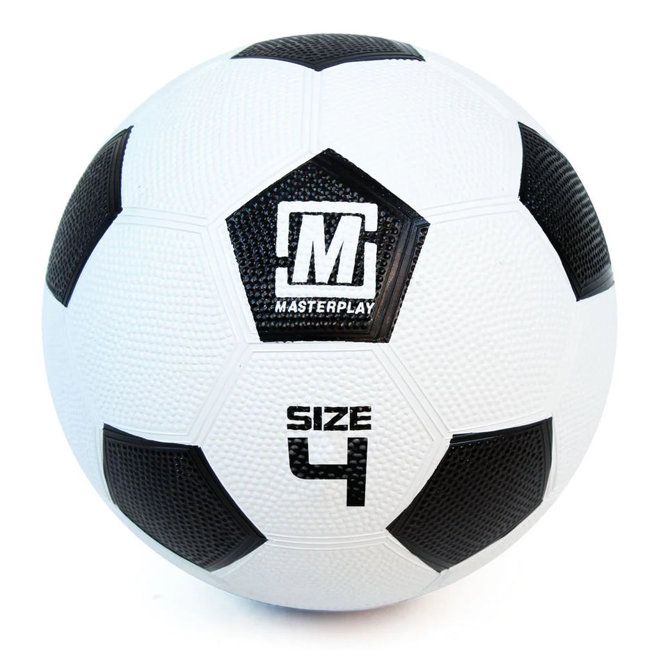 The Wilks All Play Dimple Football by Wilks is a black and white training ball with a textured surface, featuring its logo and "Size 4" on a white panel—perfect for PE lessons.