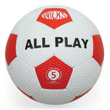 The Wilks All Play Dimple Football, in red and white with "ALL PLAY" in bold black and "WILKS" on top, is an official size 5 training ball ideal for PE lessons, featuring official size and weight in white text.