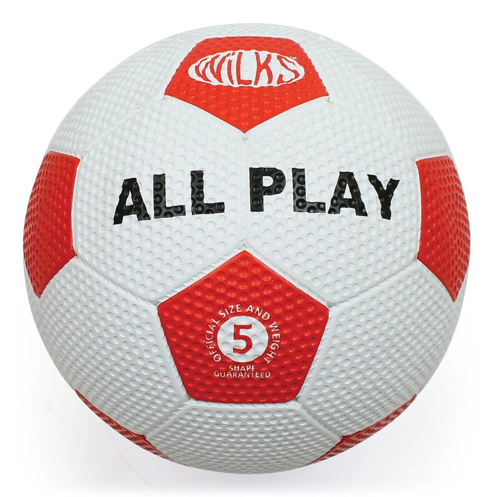 The Wilks All Play Dimple Football, in red and white with "ALL PLAY" in bold black and "WILKS" on top, is an official size 5 training ball ideal for PE lessons, featuring official size and weight in white text.