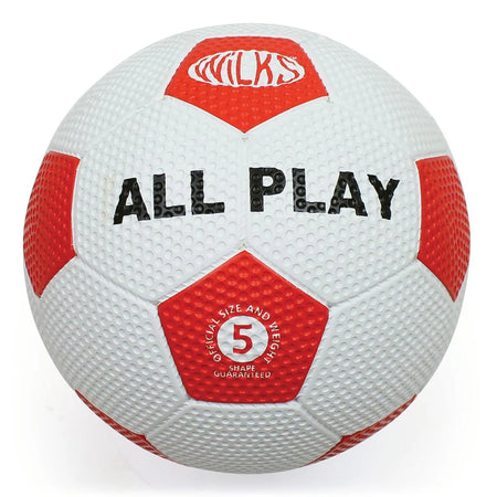 The Wilks All Play Dimple Football, in red and white with "ALL PLAY" in bold black and "WILKS" on top, is an official size 5 training ball ideal for PE lessons, featuring official size and weight in white text.