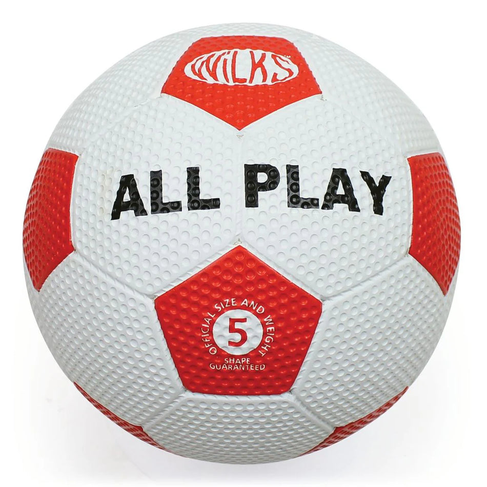 The Wilks All Play Dimple Football, in red and white with "ALL PLAY" in bold black and "WILKS" on top, is an official size 5 training ball ideal for PE lessons, featuring official size and weight in white text.
