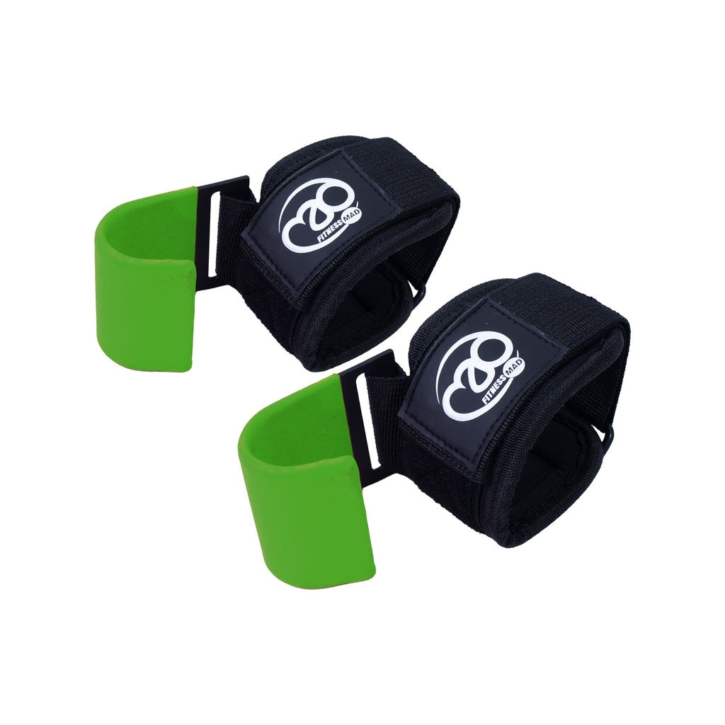 The Fitness Mad Lifting Hook (Pair) features black straps with bright green hooks and a white infinity logo on a black patch. These adjustable Velcro weightlifting accessories from Fitness Mad are ideal for strength training.