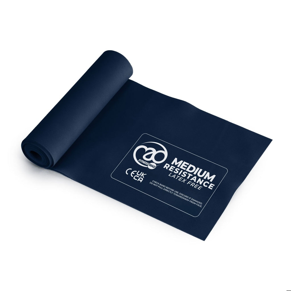The Fitness Mad Latex Free Resistance Bands by Fitness Mad are dark blue, made from polyisoprene, labeled Medium Resistance, and feature CE and UKCA marks—perfect for a full body workout.