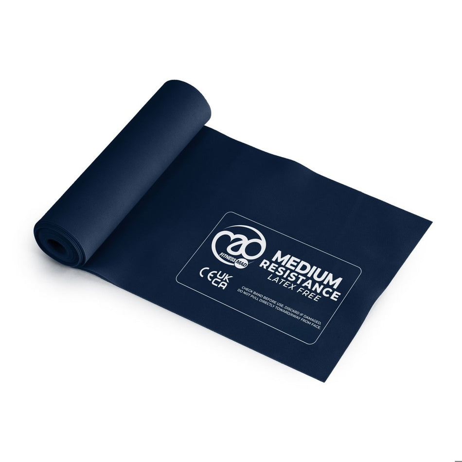 The Fitness Mad Latex Free Resistance Bands by Fitness Mad are dark blue, made from polyisoprene, labeled Medium Resistance, and feature CE and UKCA marks—perfect for a full body workout.