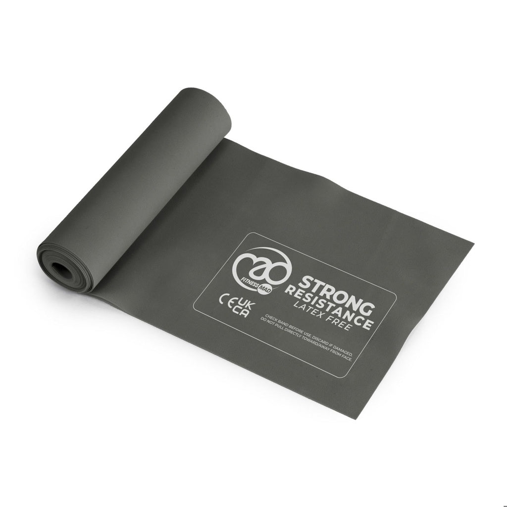 The Fitness Mad Latex Free Resistance Bands by Fitness Mad are gray polyisoprene bands with strong resistance and certification symbols—ideal for full body workouts and perfect for those seeking latex free options.