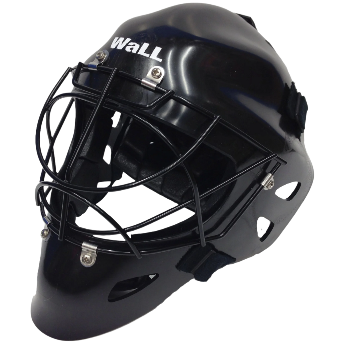 The Mercian Hockey Goalkeeper Wall Helmet with Cat Eye C Cage is CE approved, features a black design, white "WALL" print, protective metal cage, ventilation holes for visibility, and adjustable straps for a secure fit.
