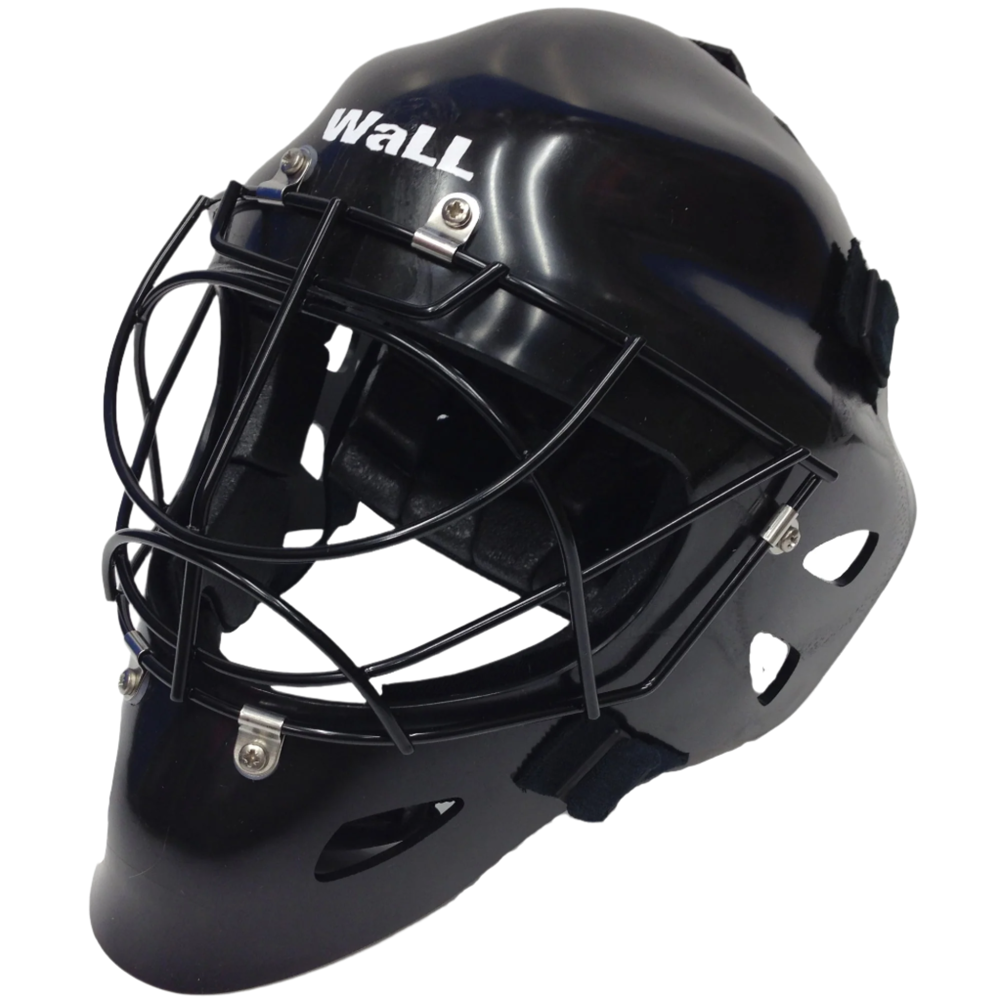 The Mercian Hockey Goalkeeper Wall Helmet with Cat Eye C Cage is CE approved, features a black design, white "WALL" print, protective metal cage, ventilation holes for visibility, and adjustable straps for a secure fit.