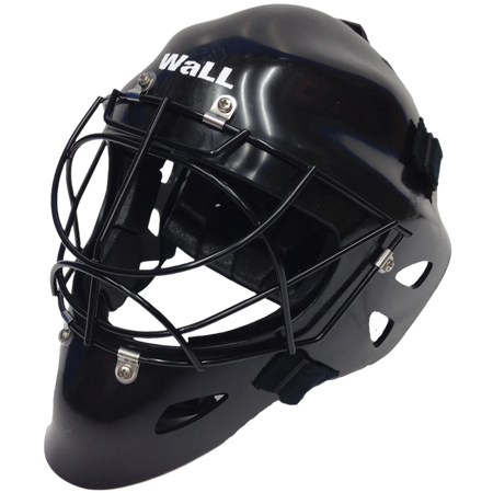 The Mercian Hockey Goalkeeper Wall Helmet with Cat Eye C Cage is CE approved, features a black design, white "WALL" print, protective metal cage, ventilation holes for visibility, and adjustable straps for a secure fit.