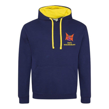 The Flying Monk Varsity Hoody by Martin Berrill Sports features a navy and yellow design with yellow hood lining, drawstrings, an embroidered red butterfly, and “FMTG MALMESBURY” text—perfect for any triathlon club collection.
