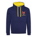 The Flying Monk Varsity Hoody by Martin Berrill Sports features a navy and yellow design with yellow hood lining, drawstrings, an embroidered red butterfly, and “FMTG MALMESBURY” text—perfect for any triathlon club collection.