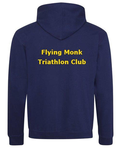 The Flying Monk Varsity Hoody by Martin Berrill Sports, shown from the back, features "Flying Monk Triathlon Club" in bold yellow—ideal for displaying your triathlon club pride.