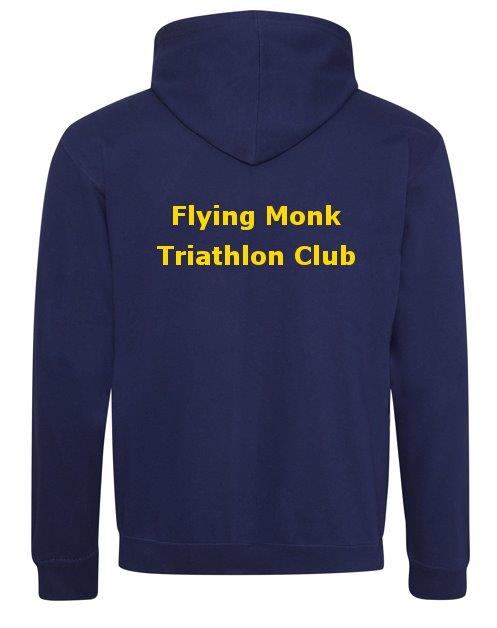 The Flying Monk Varsity Hoody by Martin Berrill Sports, shown from the back, features "Flying Monk Triathlon Club" in bold yellow—ideal for displaying your triathlon club pride.
