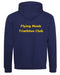 The Flying Monk Varsity Hoody by Martin Berrill Sports, shown from the back, features "Flying Monk Triathlon Club" in bold yellow—ideal for displaying your triathlon club pride.