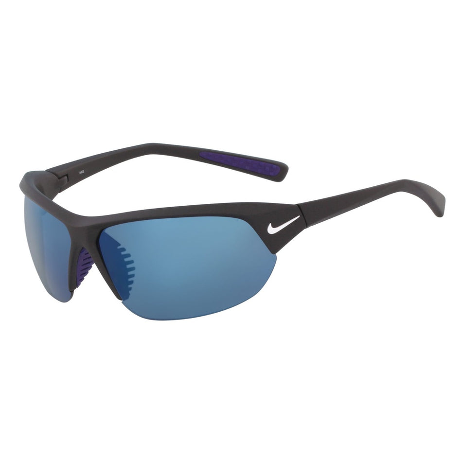 The Nike Skylon Ace Performance Glasses by Nike feature a black frame, blue-tinted lenses, purple nose pads, and a white swoosh logo—lightweight and ideal for active pursuits.