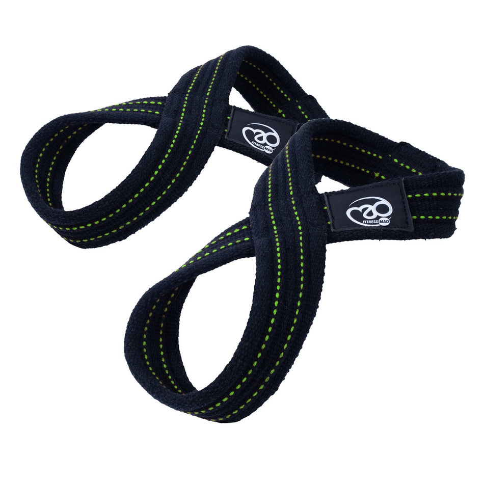 The Fitness Mad Figure 8 Lifting Strap (Pair) by Fitness Mad features black straps with green stitching, a logo tag, and one looped end, ensuring a secure grip for strength training.