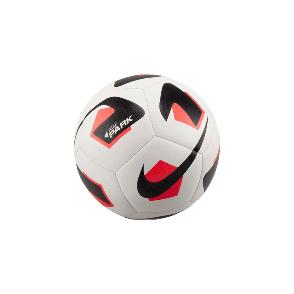 A Nike Park 2.0 Football by Nike in White/Red, size 5, featuring black and red geometric patterns, a black swoosh logo, and "PARK" on one panel; a durable soccer ball shown on a white background.