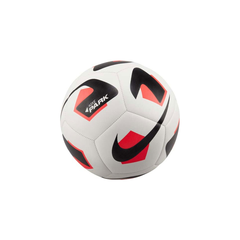 A Nike Park 2.0 Football by Nike in White/Red, size 5, featuring black and red geometric patterns, a black swoosh logo, and "PARK" on one panel; a durable soccer ball shown on a white background.