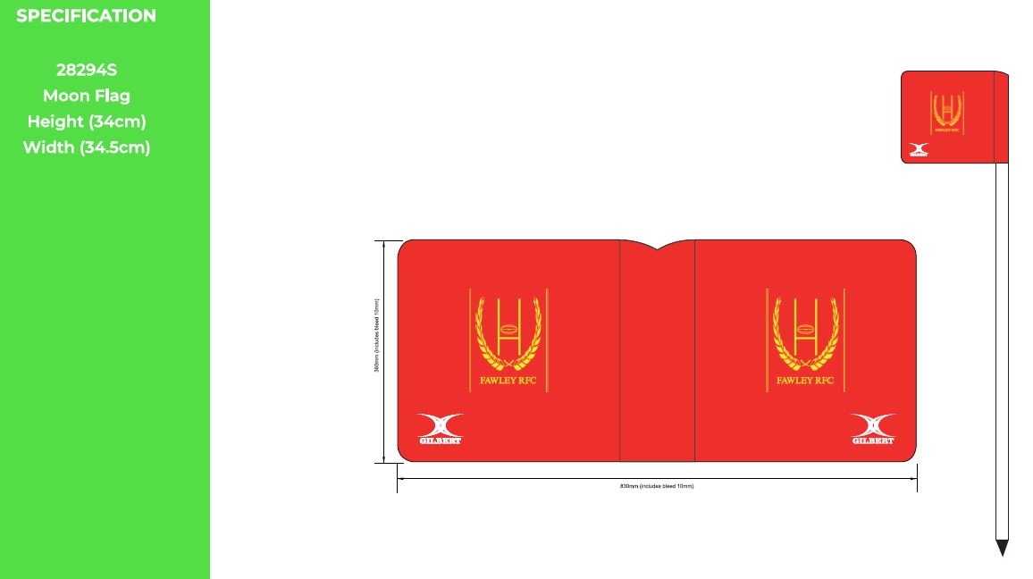 A red Custom Printed Moon Flag by Martin Berrill Sports, featuring the Howley RFC logo, measures 34cm x 54.5cm with specs listed on a green left panel. Perfect for school logo flags or PVC covered foam flags.