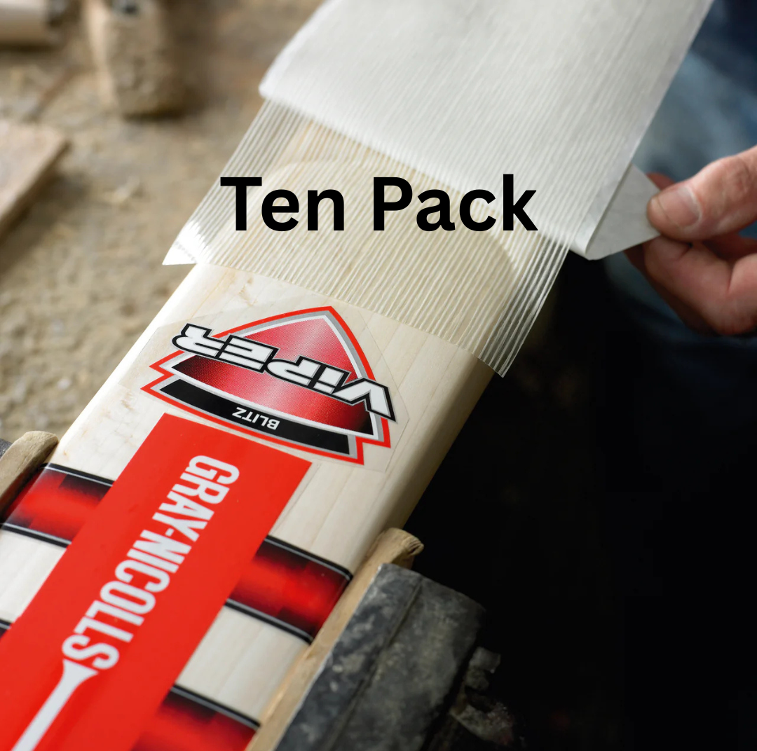 A Fibretec Sheet by Gray Nicolls is applied to the blade of a Viper Blitz cricket bat, with "Ten Pack" displayed in bold black text over the image.