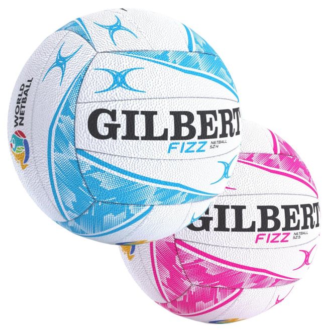 Two white Gilbert Fizz Match Netballs have textured surfaces; one with blue and teal accents, the other with pink and purple. Both feature the Gilbert logo and a World Netball emblem, making them ideal for club level play.