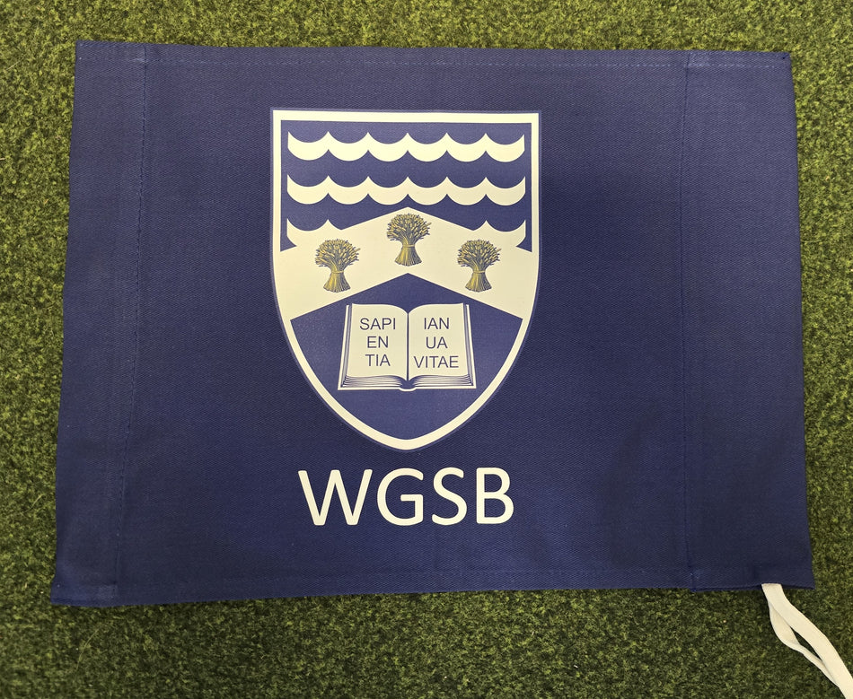 Custom Printed Corner Post Flags (Single Colour Flag & Logo) in blue, featuring a white crest with three wheat sheaves above an open book with the Latin text SAPIENTIA VITAE and the letters WGSB printed below.