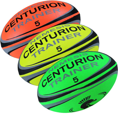 Three brightly colored Centurion Nemesis Fluo Training Rugby Balls by Centurion, in orange, yellow, and green with black and silver stripes, are arranged side by side.